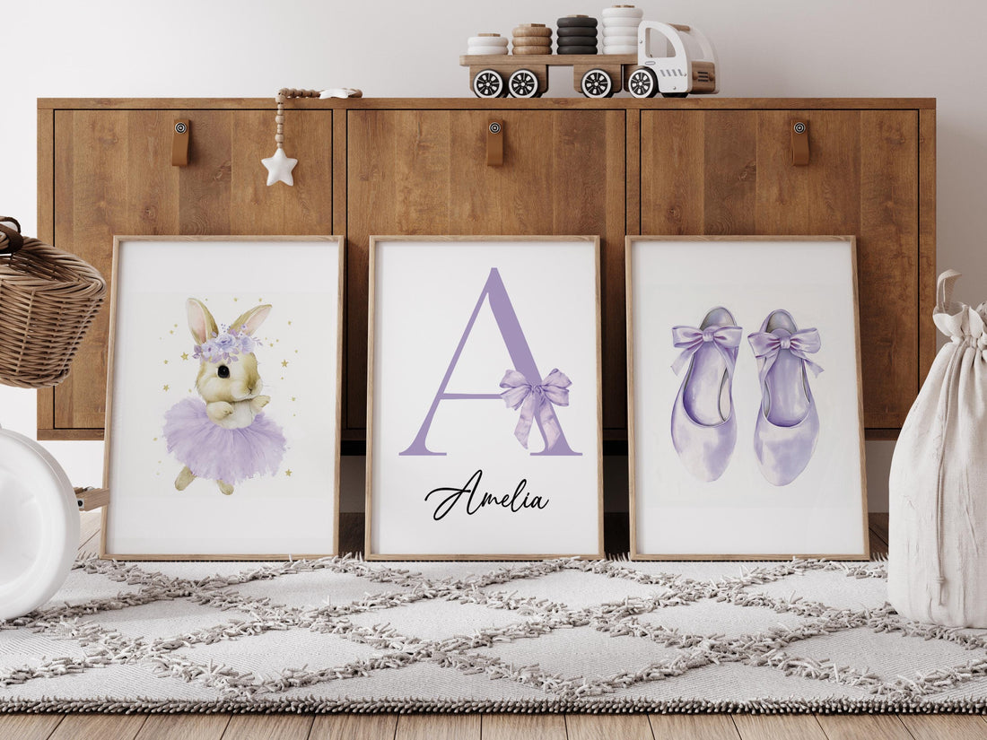 Personalized Purple Nursery Wall Art Set of 3, Ballerina Bunny Print