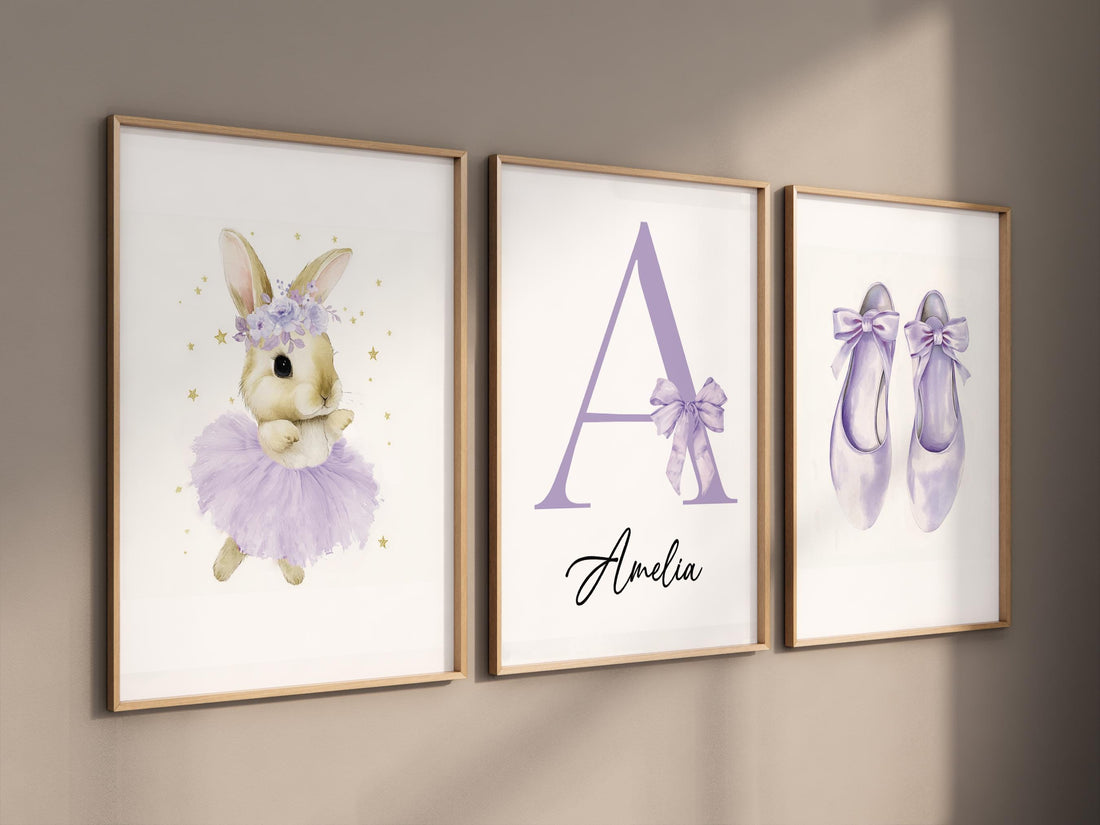 Personalized Purple Nursery Wall Art Set of 3, Ballerina Bunny Print