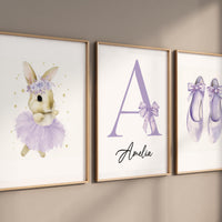 Personalized Purple Nursery Wall Art Set of 3, Ballerina Bunny Print