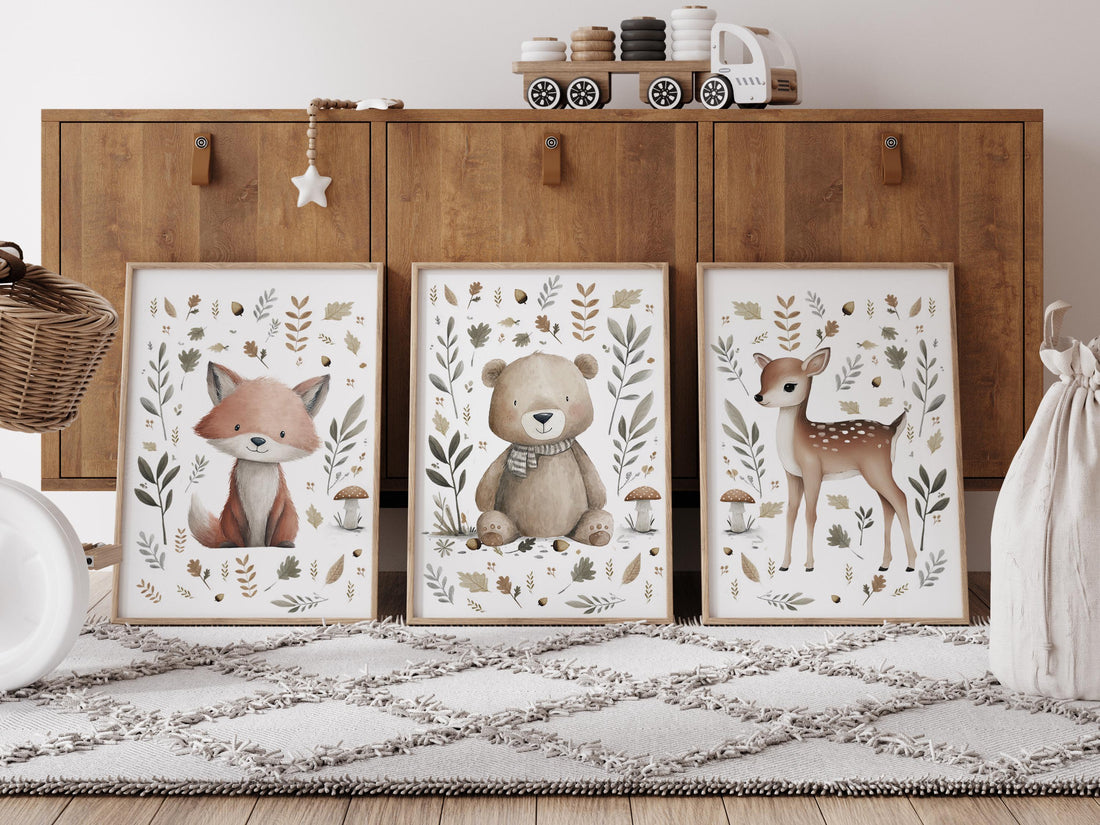 Whimsical nursery prints, Woodland Nursery Wall Art Set of 3, Forest Theme Decor