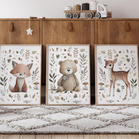 Whimsical nursery prints, Woodland Nursery Wall Art Set of 3, Forest Theme Decor