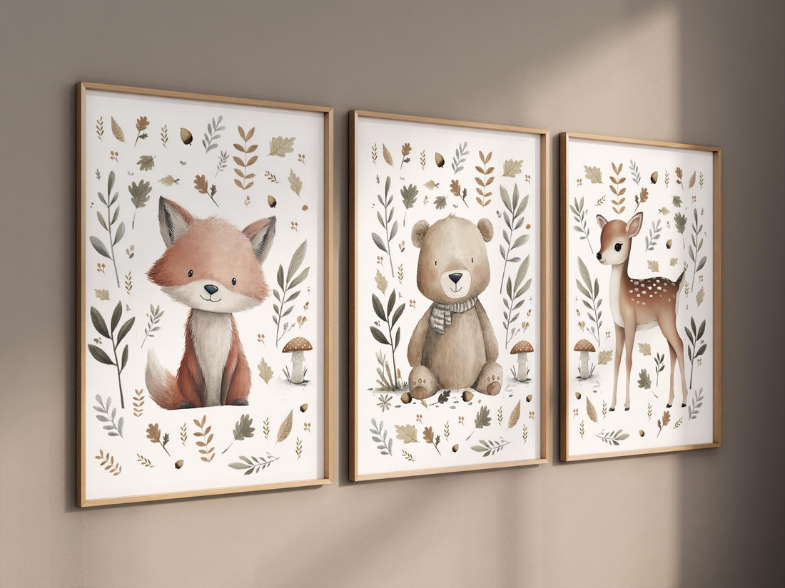 Whimsical nursery prints, Woodland Nursery Wall Art Set of 3, Forest Theme Decor