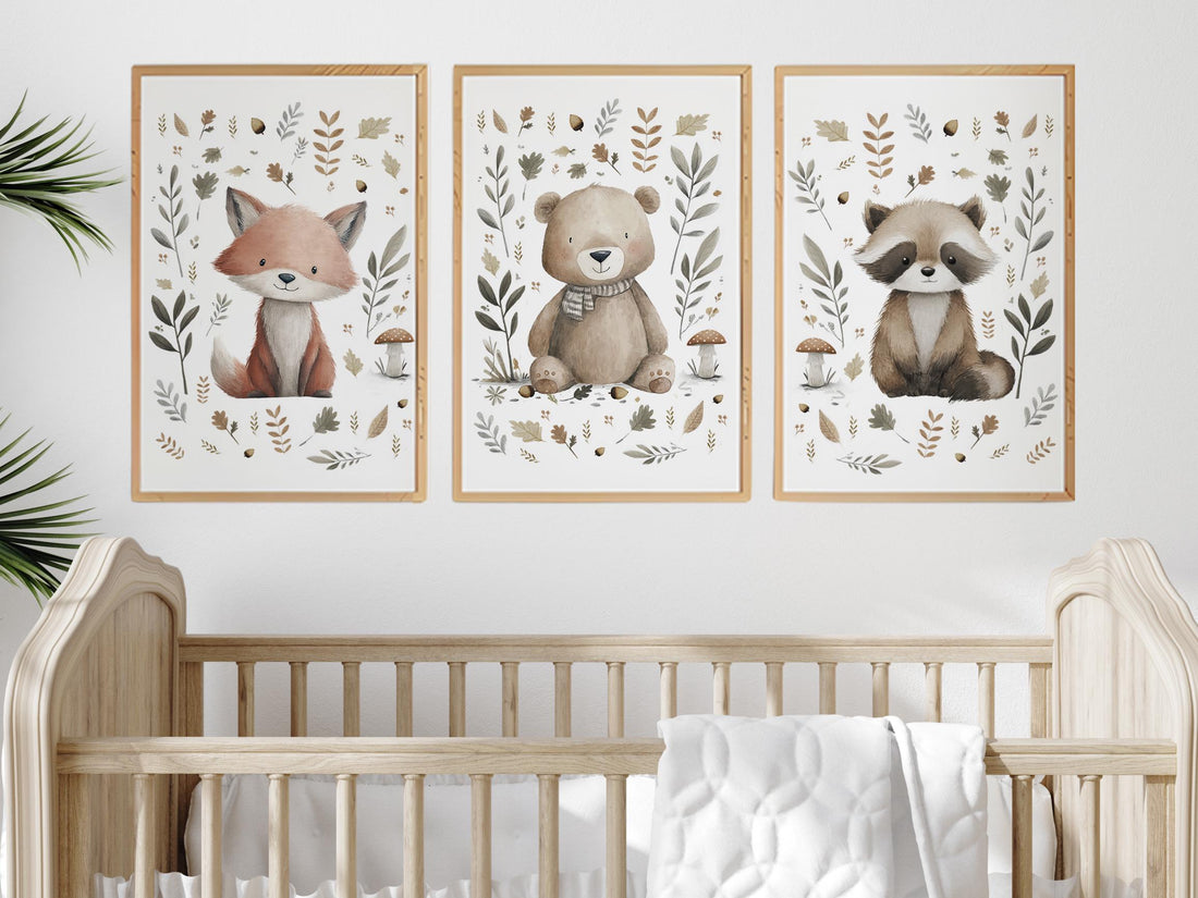 Whimsical nursery prints, Woodland Nursery Wall Art Set of 3