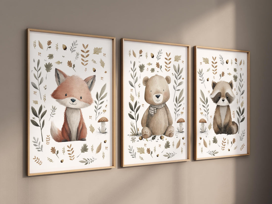Whimsical nursery prints, Woodland Nursery Wall Art Set of 3
