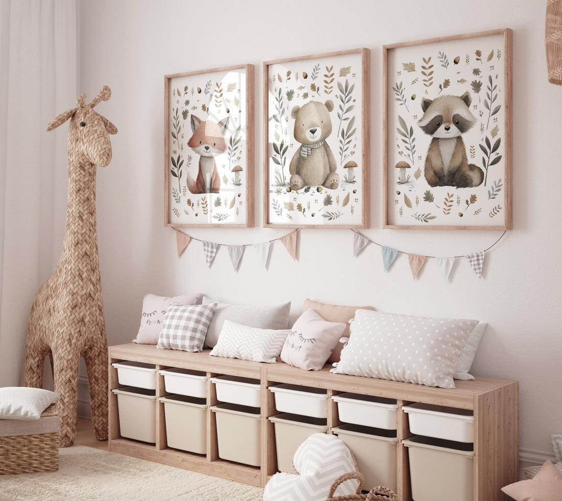 Whimsical nursery prints, Woodland Nursery Wall Art Set of 3