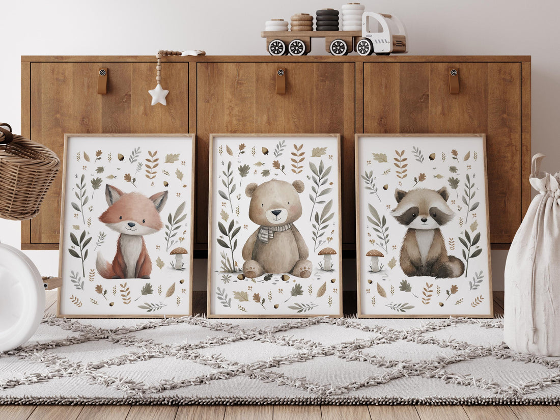 Whimsical nursery prints, Woodland Nursery Wall Art Set of 3