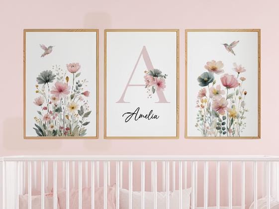 Personalized Hummingbird Nursery Print: Watercolor Floral Name Art