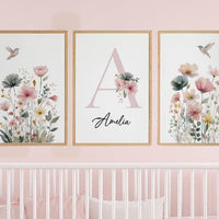 Personalized Hummingbird Nursery Print: Watercolor Floral Name Art