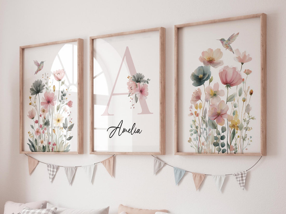 Personalized Hummingbird Nursery Print: Watercolor Floral Name Art