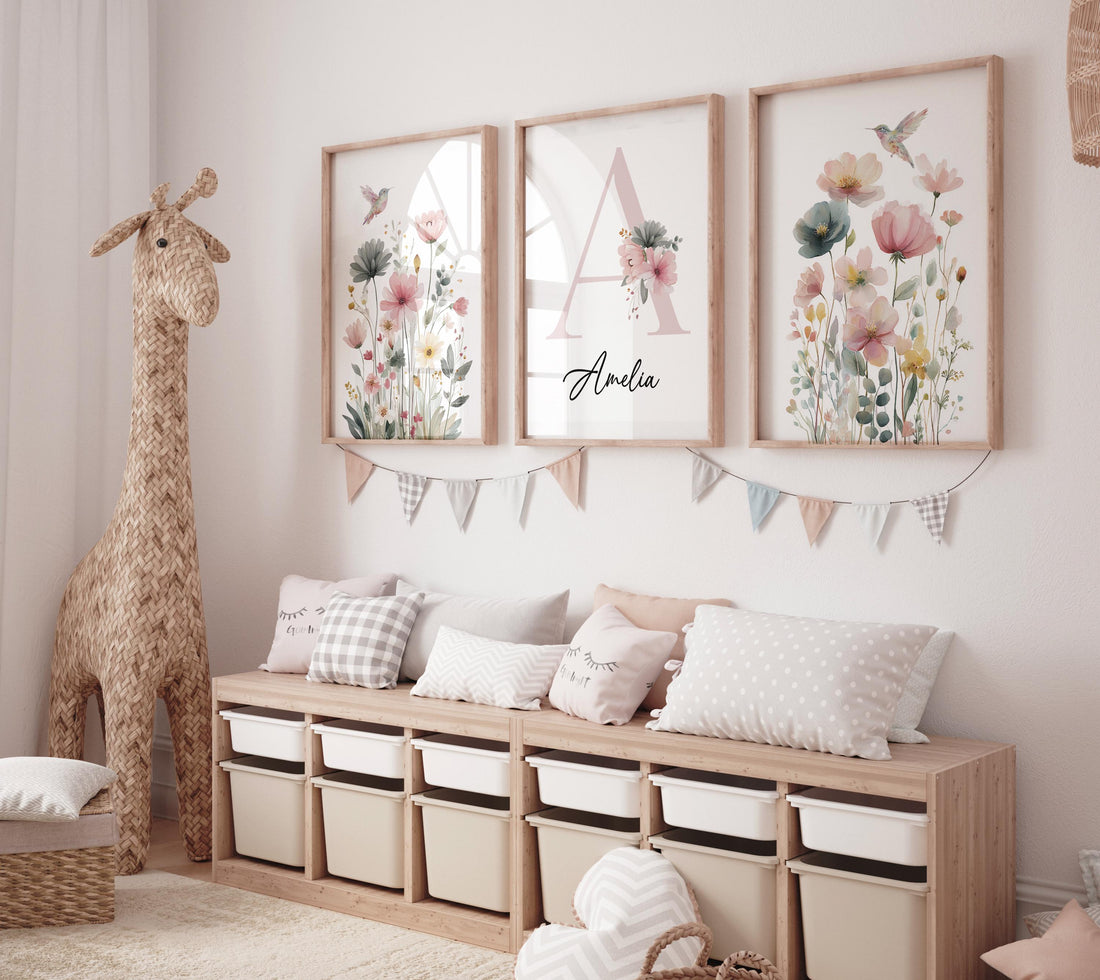 Personalized Hummingbird Nursery Print: Watercolor Floral Name Art