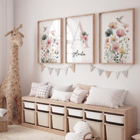Personalized Hummingbird Nursery Print: Watercolor Floral Name Art