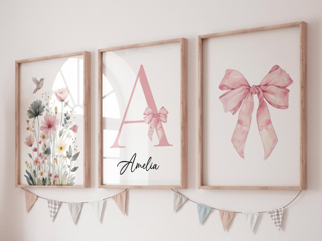 Personalized Girl Nursery Wall Art Set of 3, Floral Hummingbird Print
