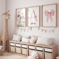 Personalized Girl Nursery Wall Art Set of 3, Floral Hummingbird Print