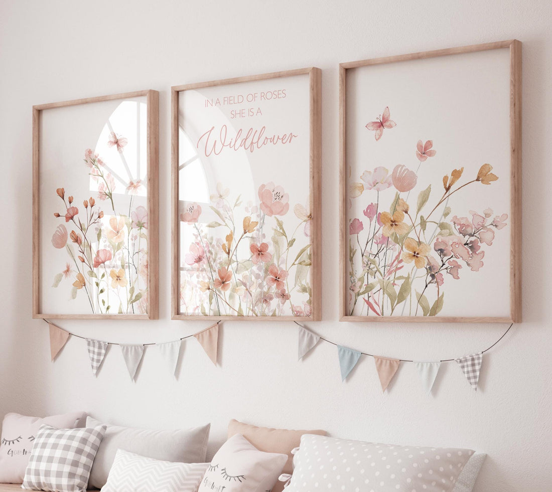 Wildflower Wall Art Set: Blush Floral Nursery Decor Prints