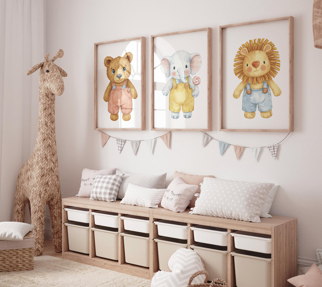 Safari Nursery Wall Art Set of 3, Bear Elephant Lion Prints