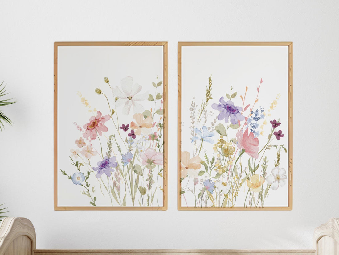 Wildflower Wall Art Set of 2, Pastel Floral Nursery Prints
