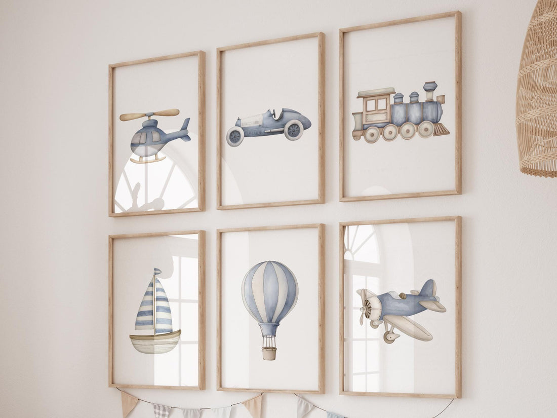 Vehicle Art Prints Set of 6, Transportation Nursery Wall Art
