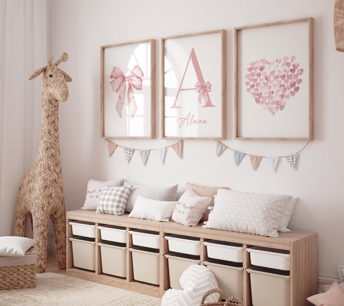 Pink Bow Nursery Print, Girl Name Wall Art