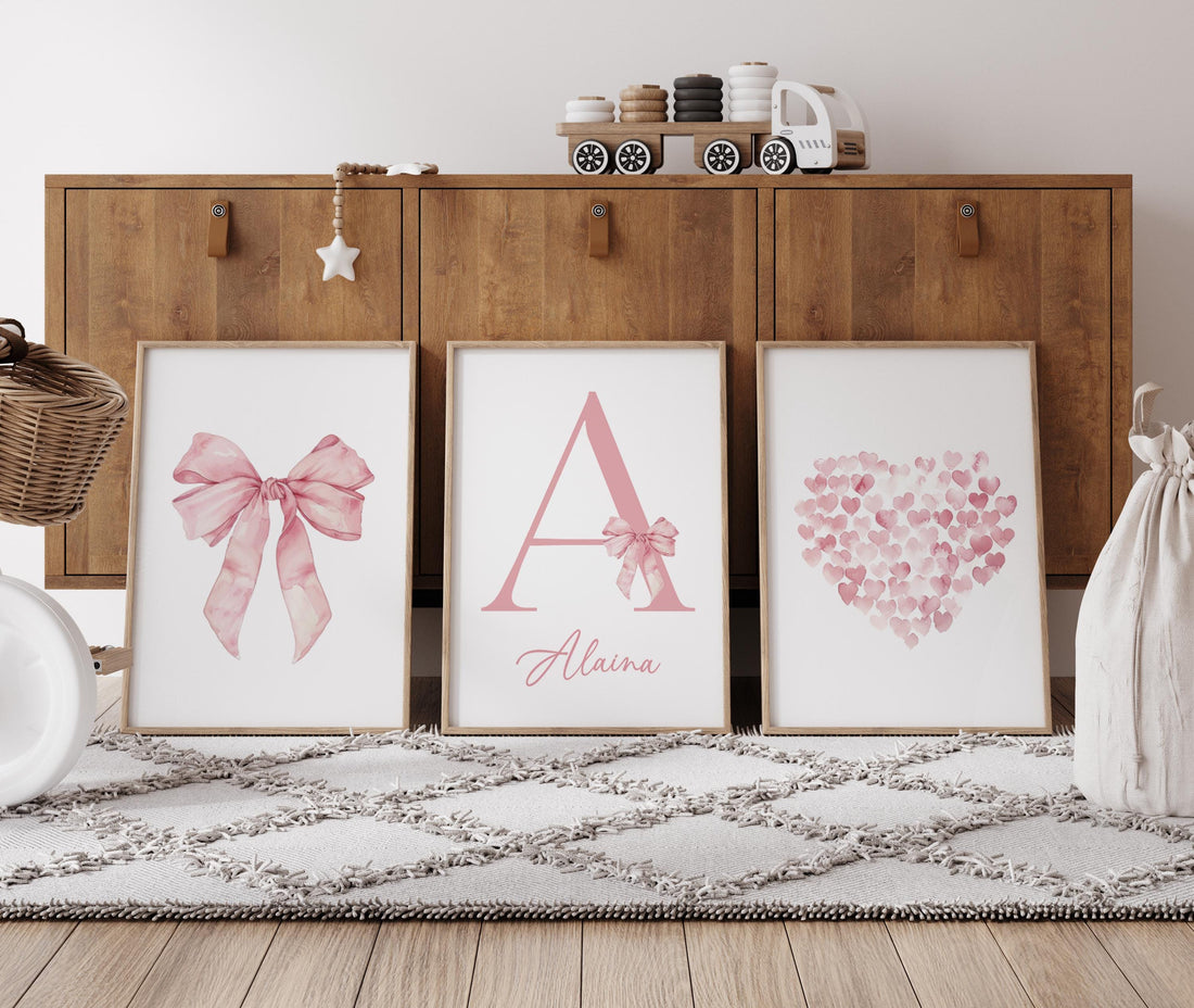 Pink Bow Nursery Print, Girl Name Wall Art