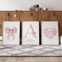 Pink Bow Nursery Print, Girl Name Wall Art