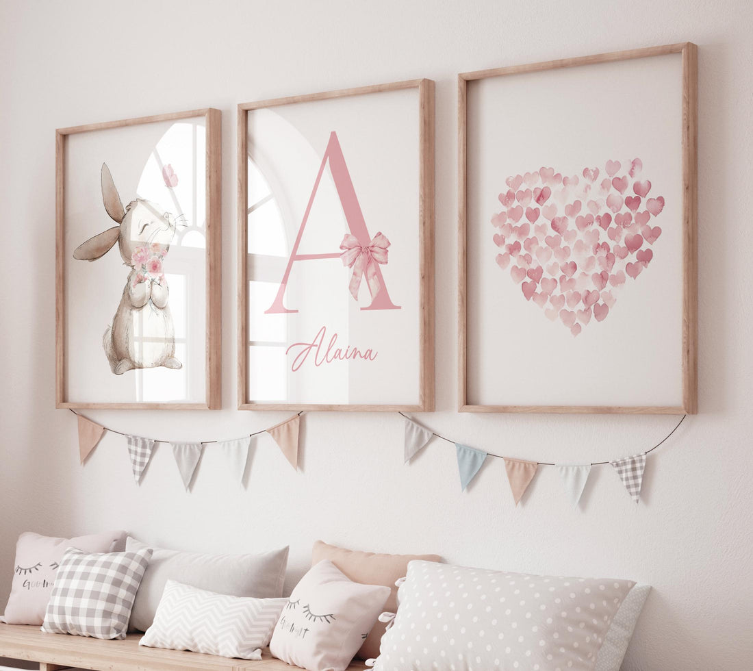 Personalized Girl Nursery Wall Art Set, Bunny Nursery Prints