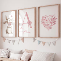 Personalized Girl Nursery Wall Art Set, Bunny Nursery Prints