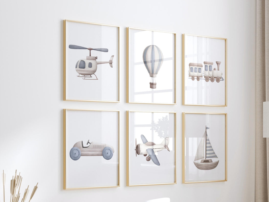Vehicle Art Prints Set of 6, Transportation Nursery Wall Art