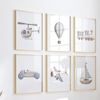 Vehicle Art Prints Set of 6, Transportation Nursery Wall Art
