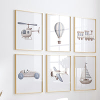 Vehicle Art Prints Set of 6, Transportation Nursery Wall Art