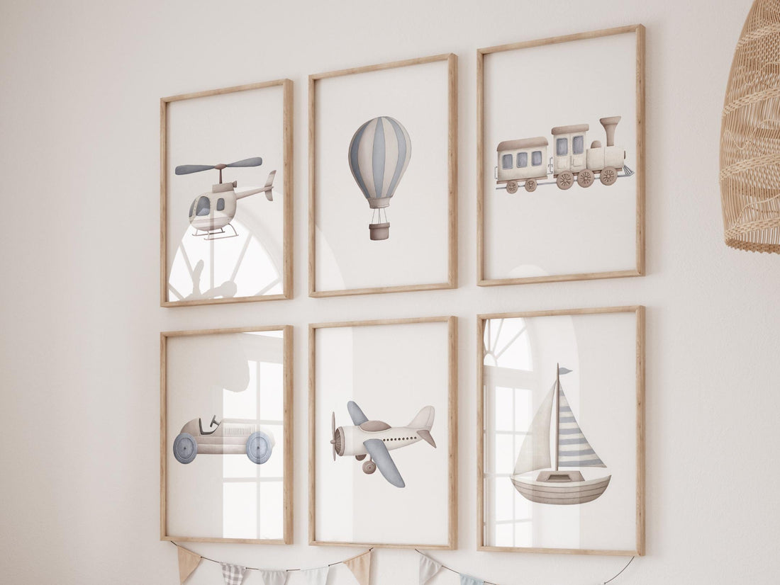 Vehicle Art Prints Set of 6, Transportation Nursery Wall Art