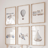 Vehicle Art Prints Set of 6, Transportation Nursery Wall Art