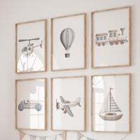 Vehicle Art Prints Set of 6, Transportation Nursery Wall Art