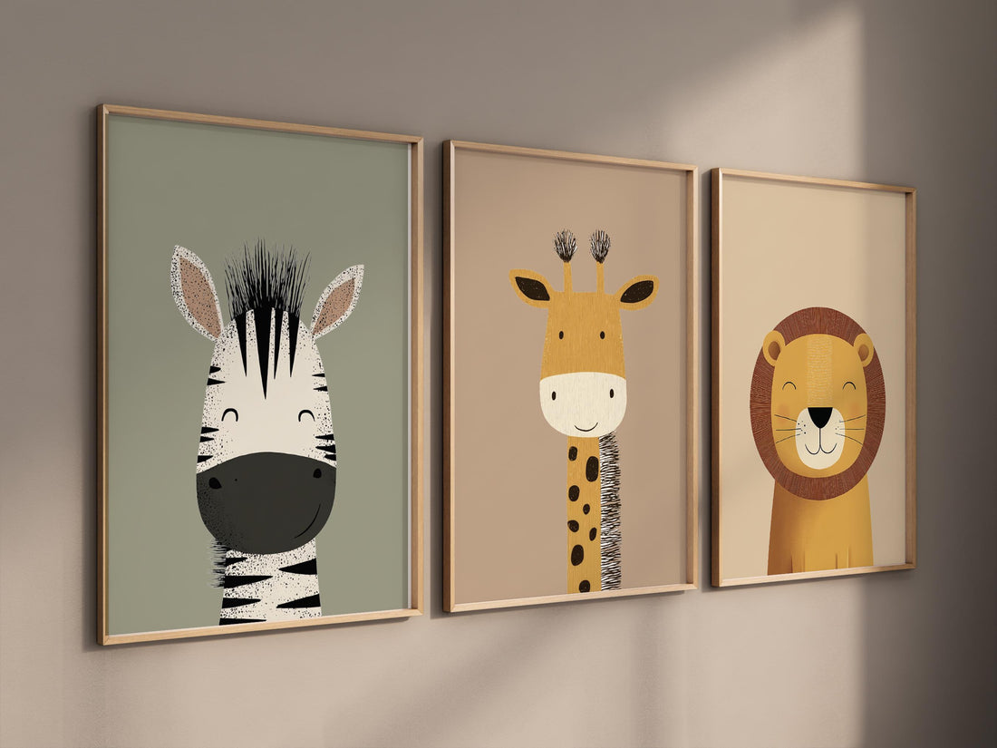 Safari Animal Nursery Prints, Boho Jungle Art, Set of 3