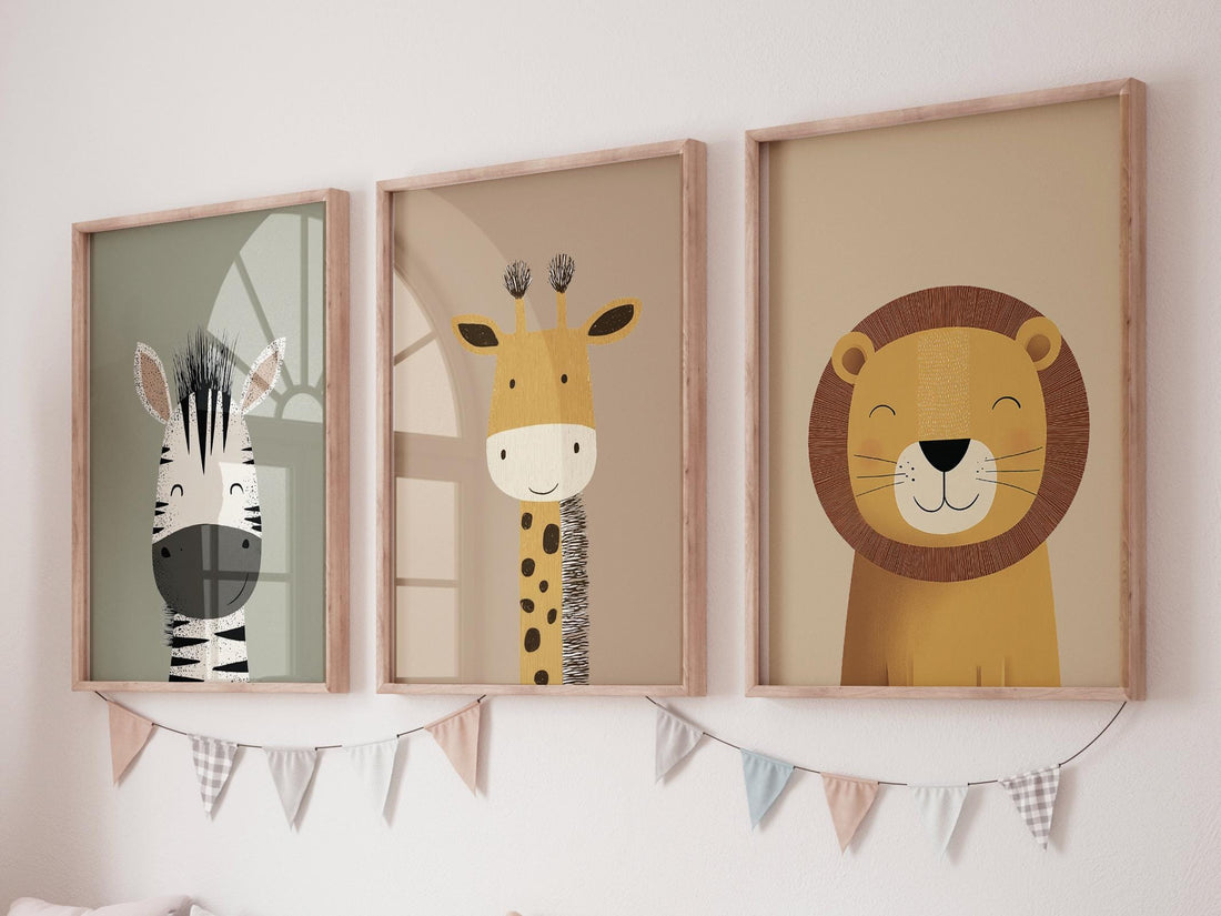 Safari Animal Nursery Prints, Boho Jungle Art, Set of 3