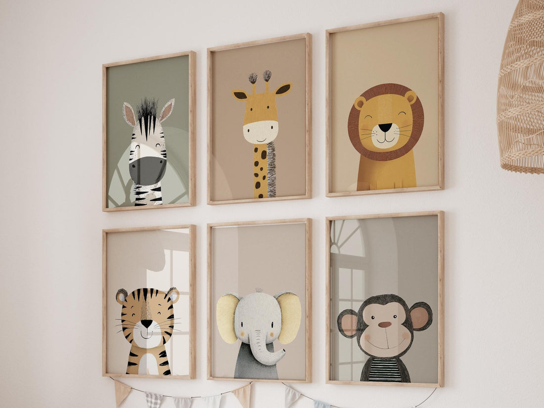 Animal Art Prints Set of 6, Neutral Nursery Wall Art