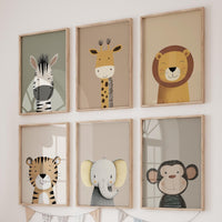 Animal Art Prints Set of 6, Neutral Nursery Wall Art