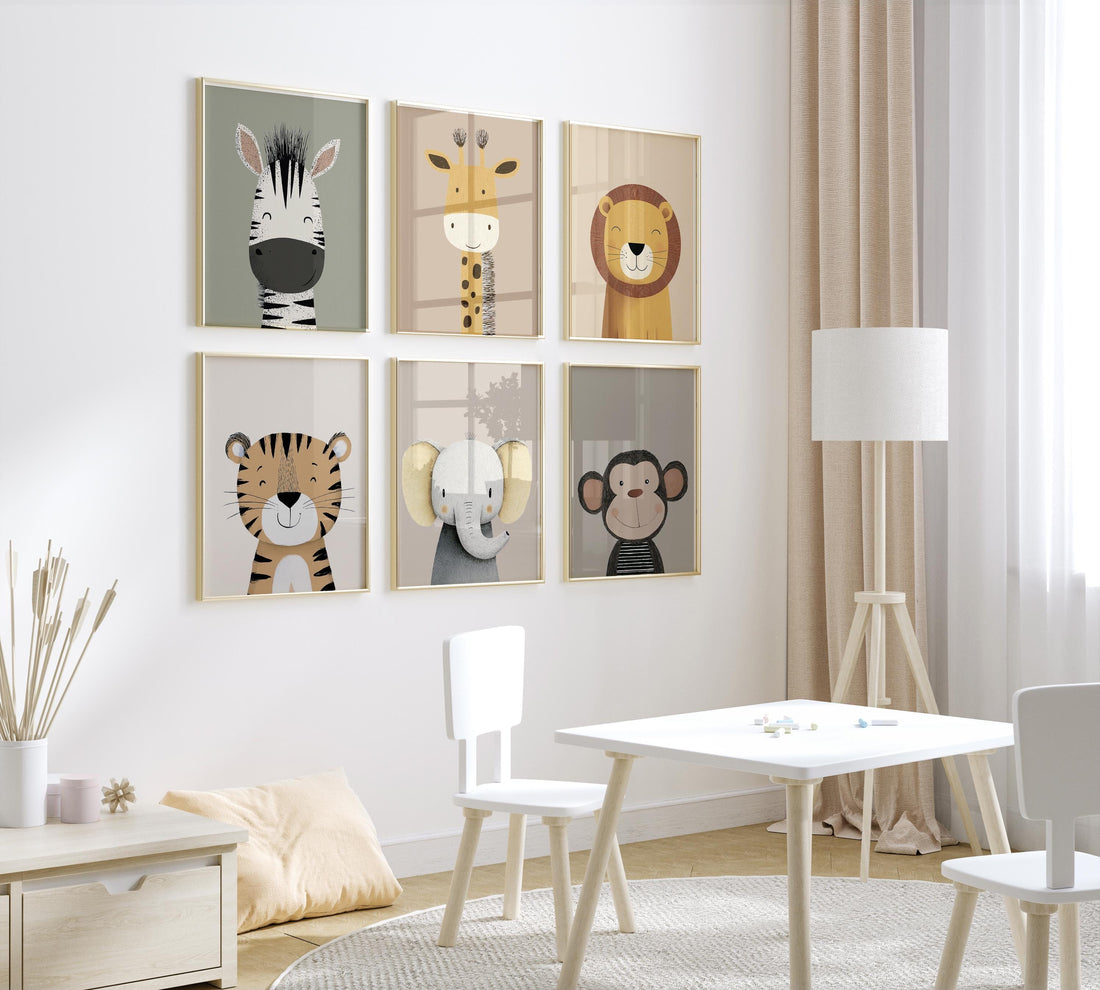 Animal Art Prints Set of 6, Neutral Nursery Wall Art