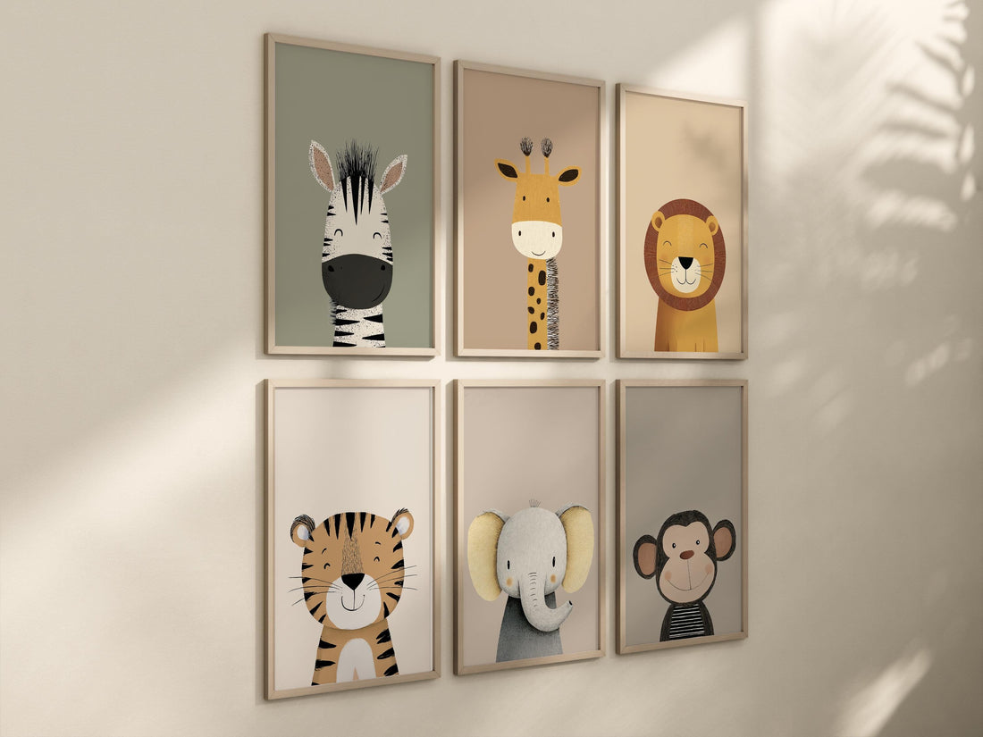 Animal Art Prints Set of 6, Neutral Nursery Wall Art