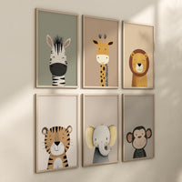 Animal Art Prints Set of 6, Neutral Nursery Wall Art