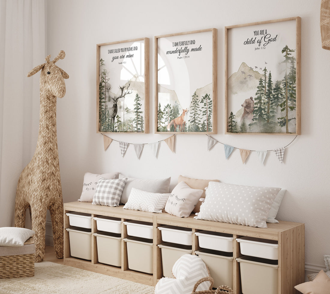Woodland Nursery Decor: Mountain Animals, Bible Verse Art Print