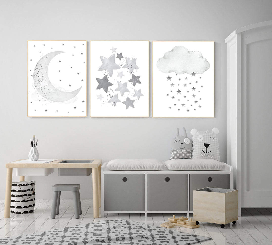 Moon and Stars Nursery Art: Neutral Gray Baby Room Decor