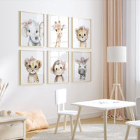 Girl Safari Nursery Wall Art Set of 6, Baby Animal Prints with Pink Bows