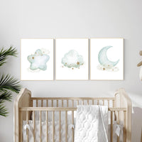 Mint Gold Nursery Decor: Stars, Moon & Cloud Wall Art