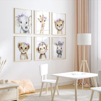 Girl Safari Nursery Wall Art Set of 6, Purple Bow Baby Animal Prints