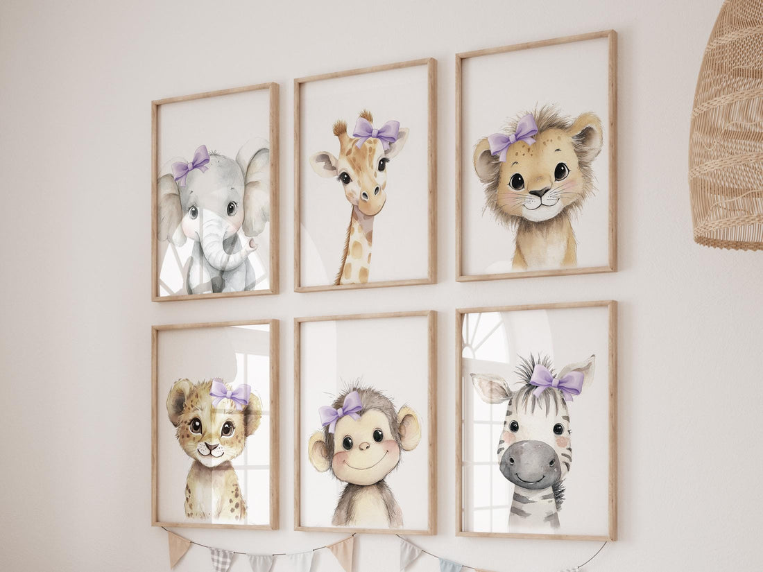Girl Safari Nursery Wall Art Set of 6, Purple Bow Baby Animal Prints