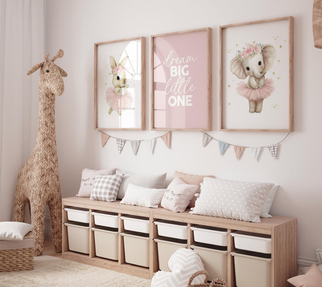 Ballerina Nursery Wall Art Set of 3, Bunny and Elephant Prints