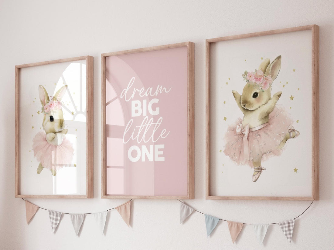 Ballerina Bunny Nursery Wall Art Set of 3, Dream Big Little One Print