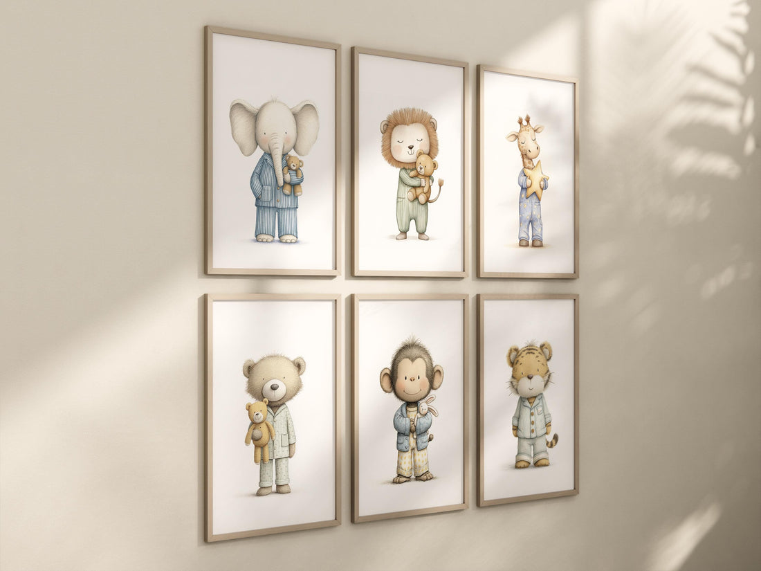 Nursery Wall Art Set, Pajama Animals, Baby Safari Animals