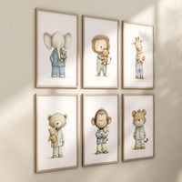 Nursery Wall Art Set, Pajama Animals, Baby Safari Animals
