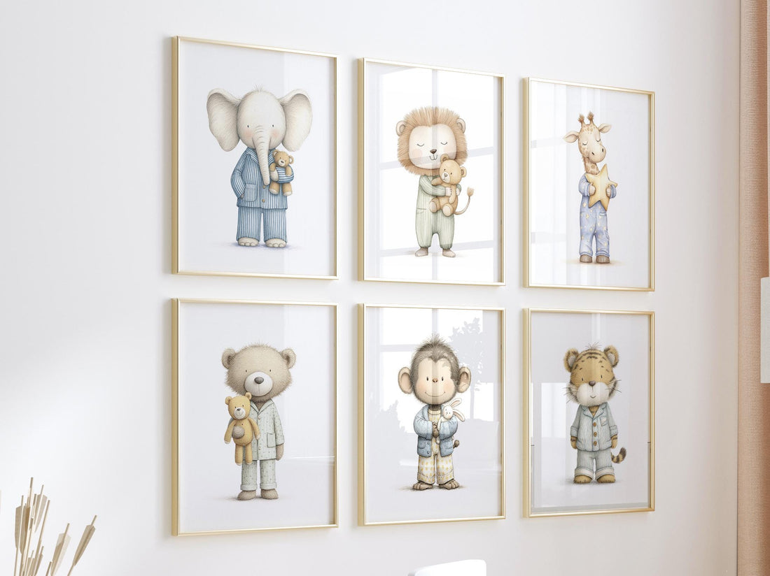 Nursery Wall Art Set, Pajama Animals, Baby Safari Animals